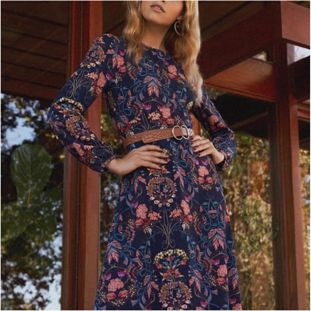 I.Madeline Garden Splendor Navy Blue Flora | Long Sleeve Midi Dress Sz: Small - Picture 12 of 16